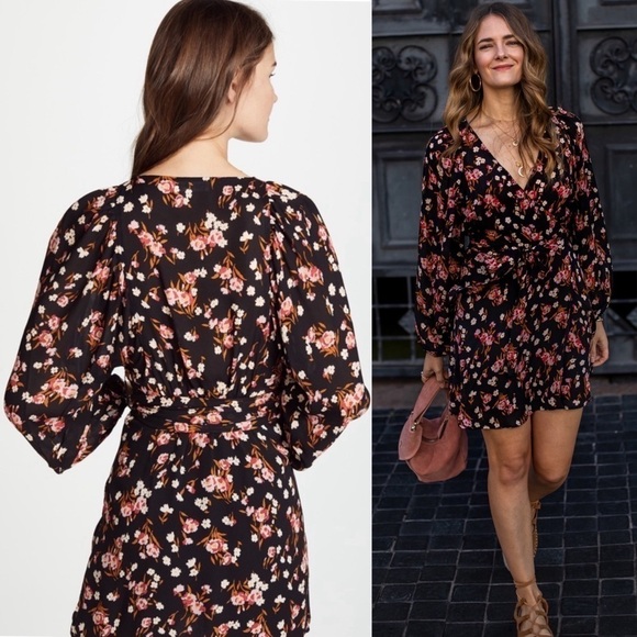 ALC Silk Chiffon Floral Print Puff Long Sleeve V-Neck Tie Belt Wrap Mini Dress 4 - Picture 10 of 15